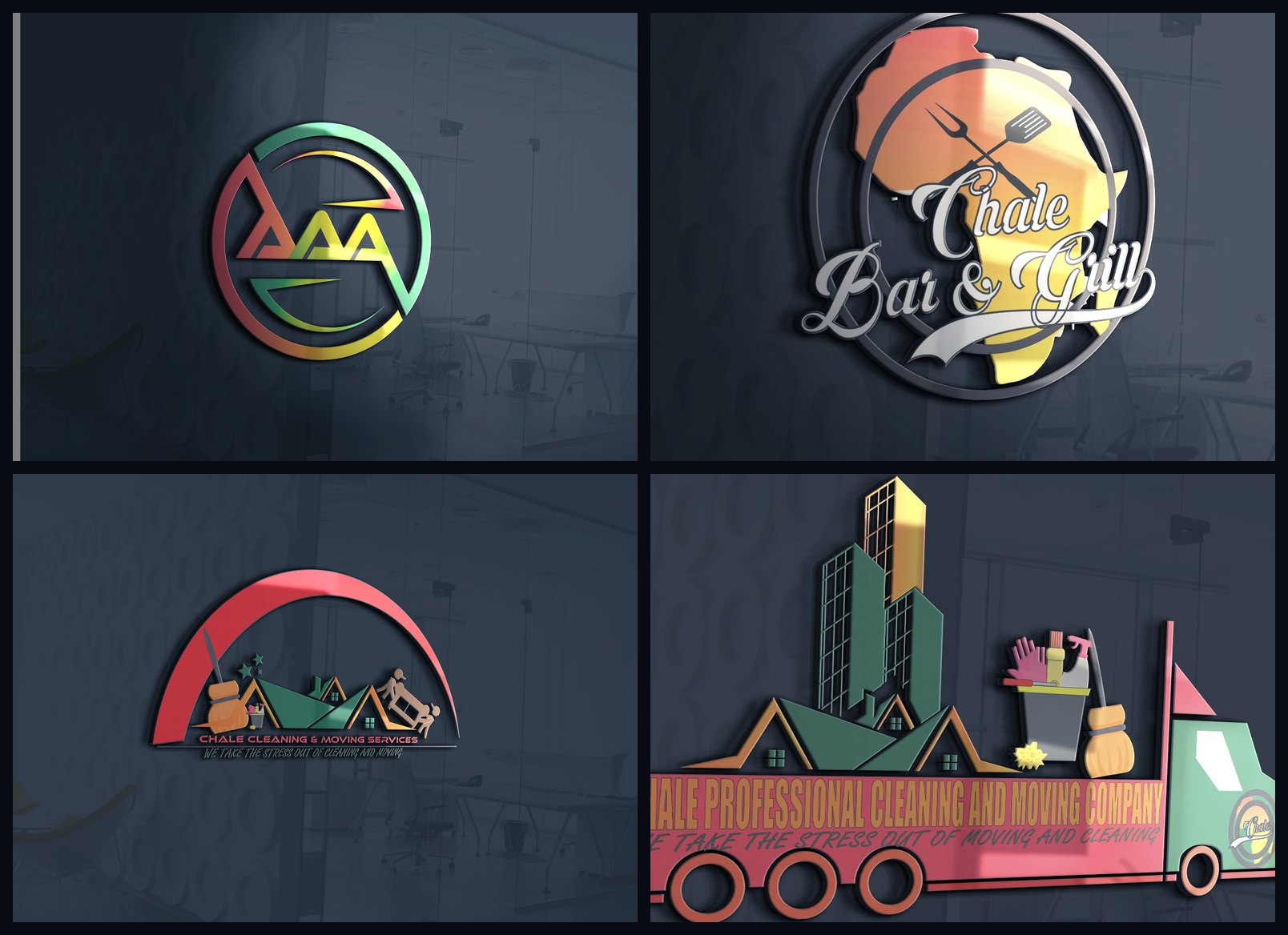 Logo work: AAA monogram, Chale Bar and Grill, and Chale cleaning brands