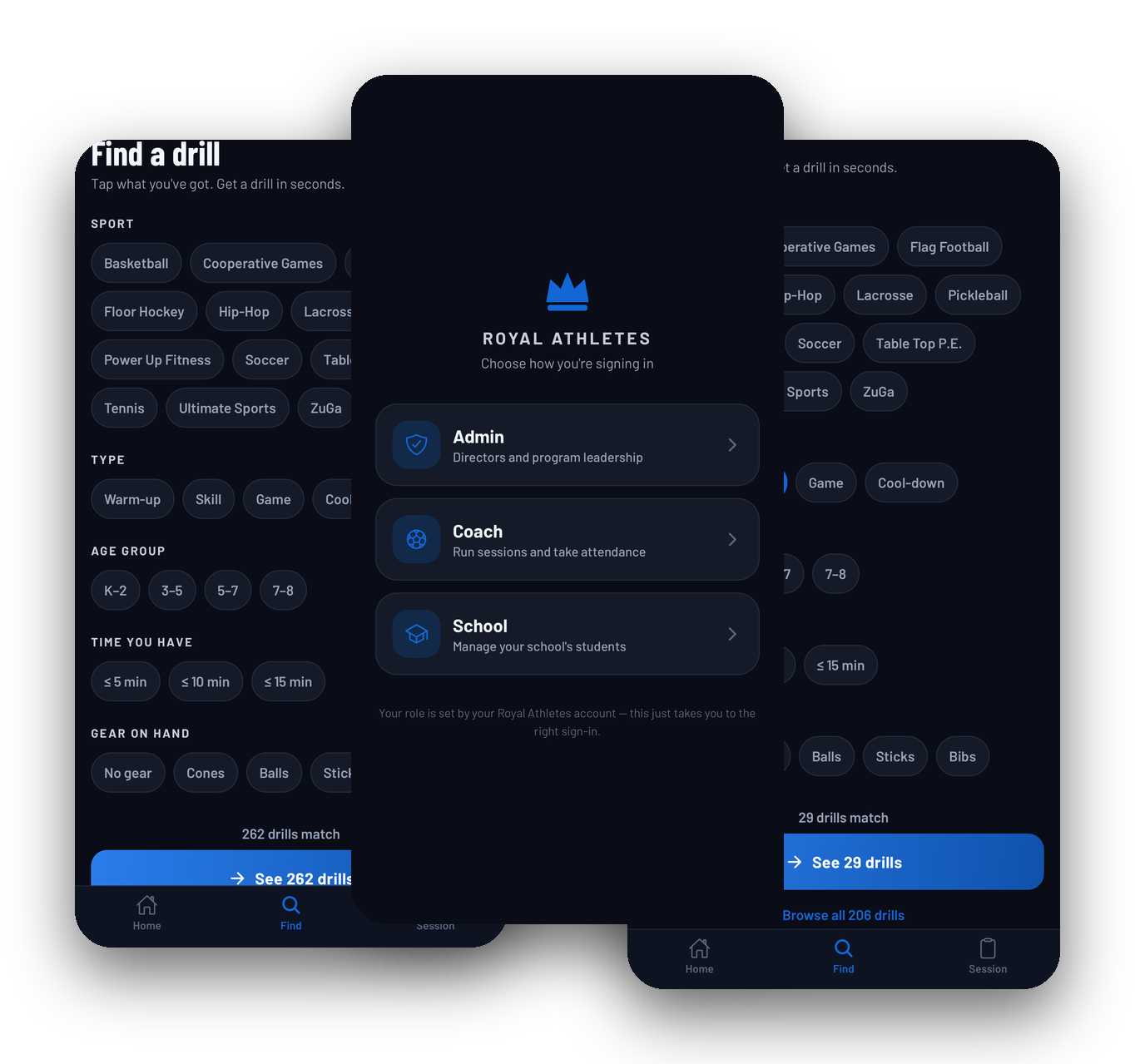 Royal Athletes coaching platform: drill finder, role chooser, and session builder